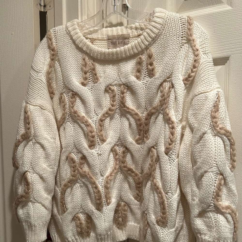 Moon River Ivory Cable Knit Crewneck with Beige Braid Detail